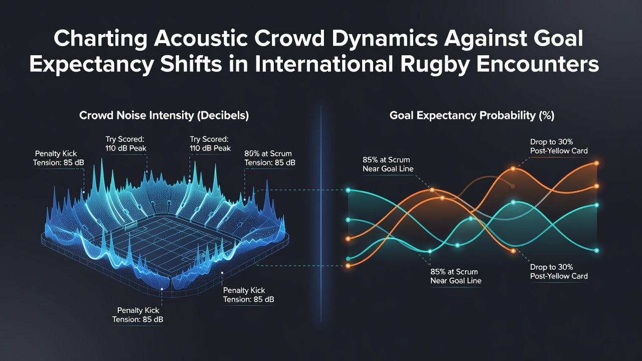 Stadium crowd acoustics captured during an international rugby match with sound wave overlays