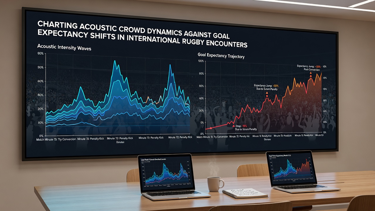 Data visualization showing crowd noise levels plotted against goal expectancy curves from recent international rugby fixtures