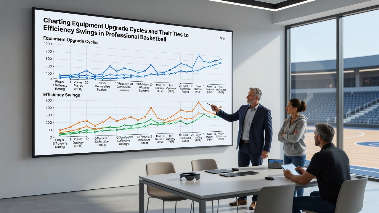 Data analysts reviewing basketball performance charts connected to equipment upgrade timelines