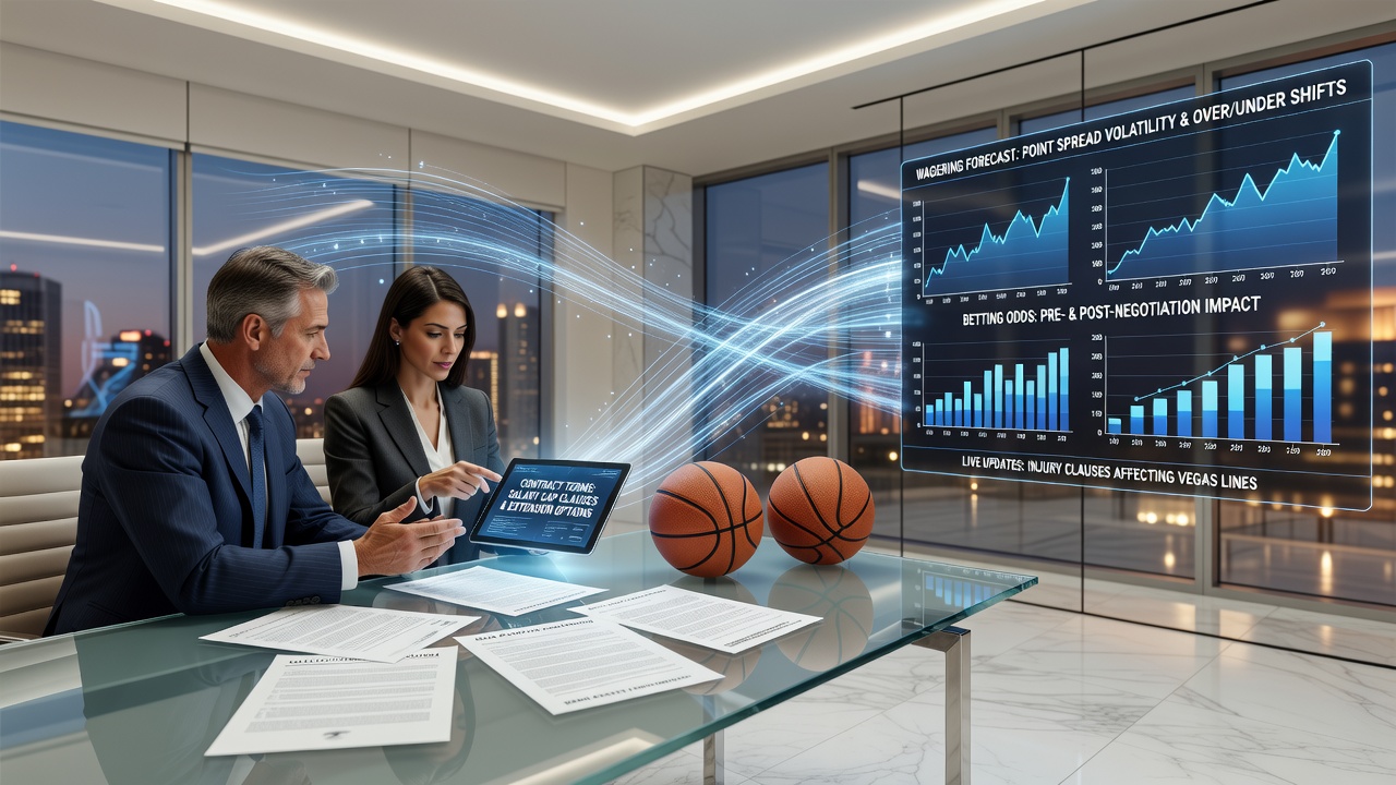 Sports betting odds boards displaying line movements tied to basketball contract developments