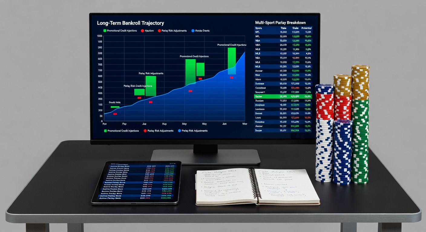 Detailed view of bankroll tracking spreadsheets showing promotional credit allocations across multi-sport parlay tickets