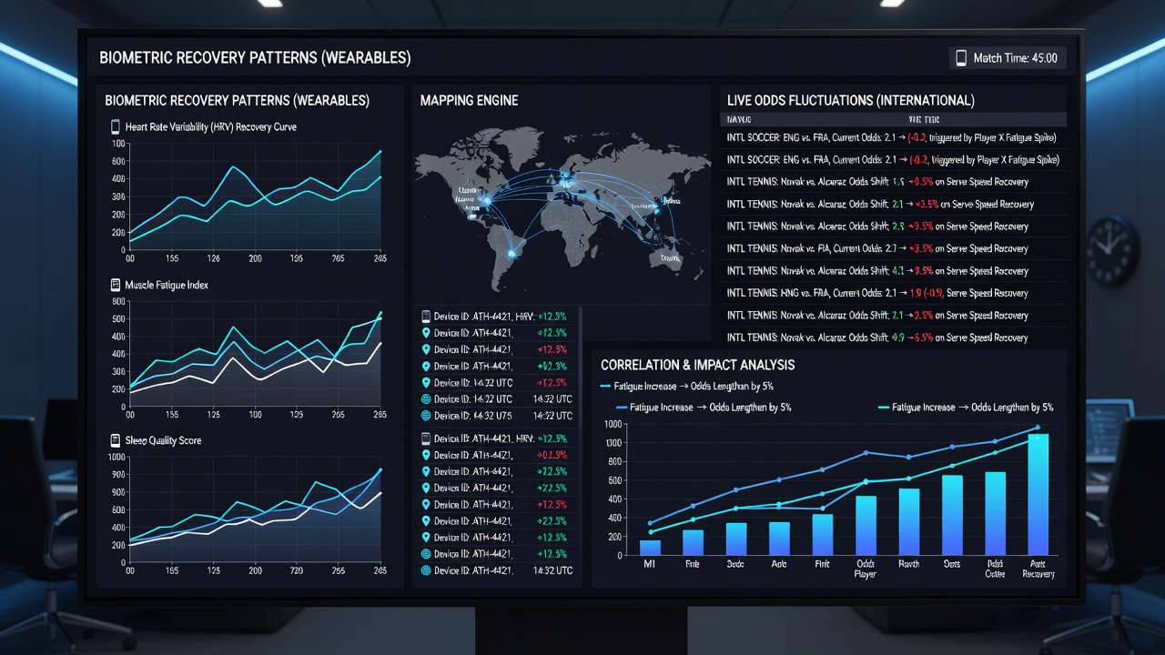 Analytics dashboard displaying live rugby odds alongside wearable recovery scores during an international test match