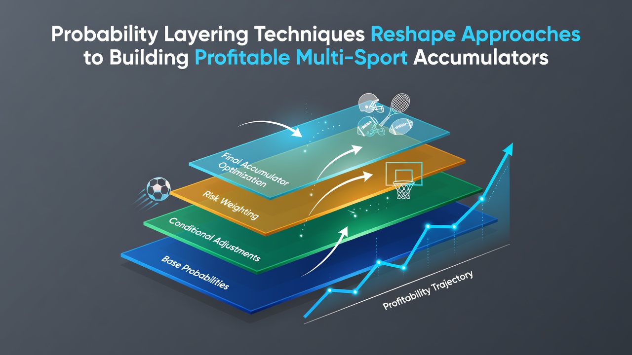Diagram showing layered probability models across football, basketball, and tennis events in accumulator construction