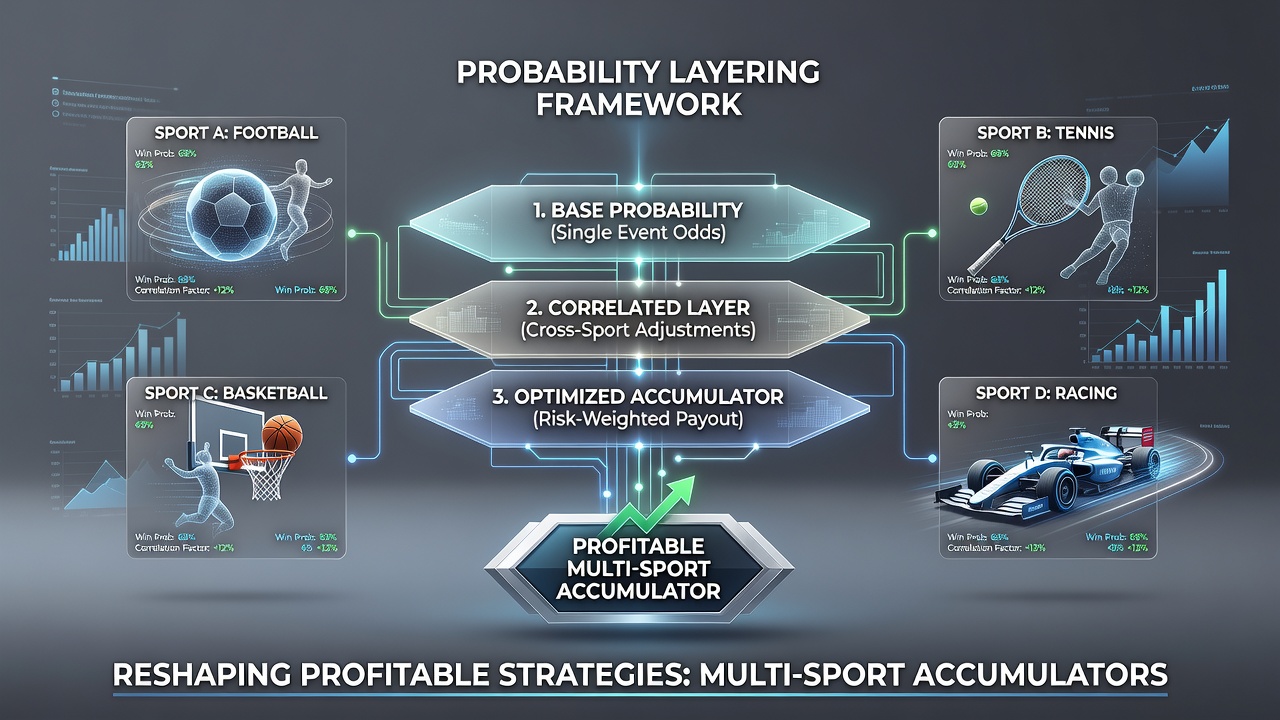 Analytics dashboard displaying layered probability outputs for a four-leg multi-sport accumulator