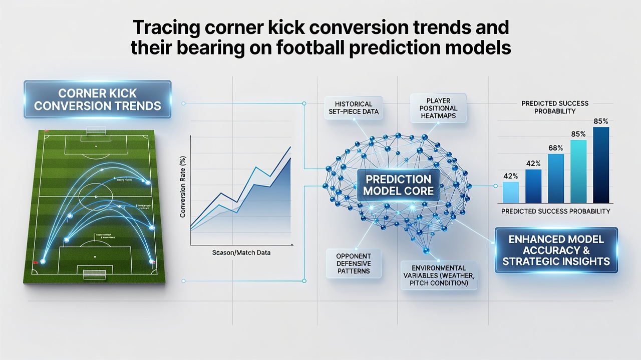 Line graph displaying corner kick conversion percentages across major European leagues from 2018 to 2026