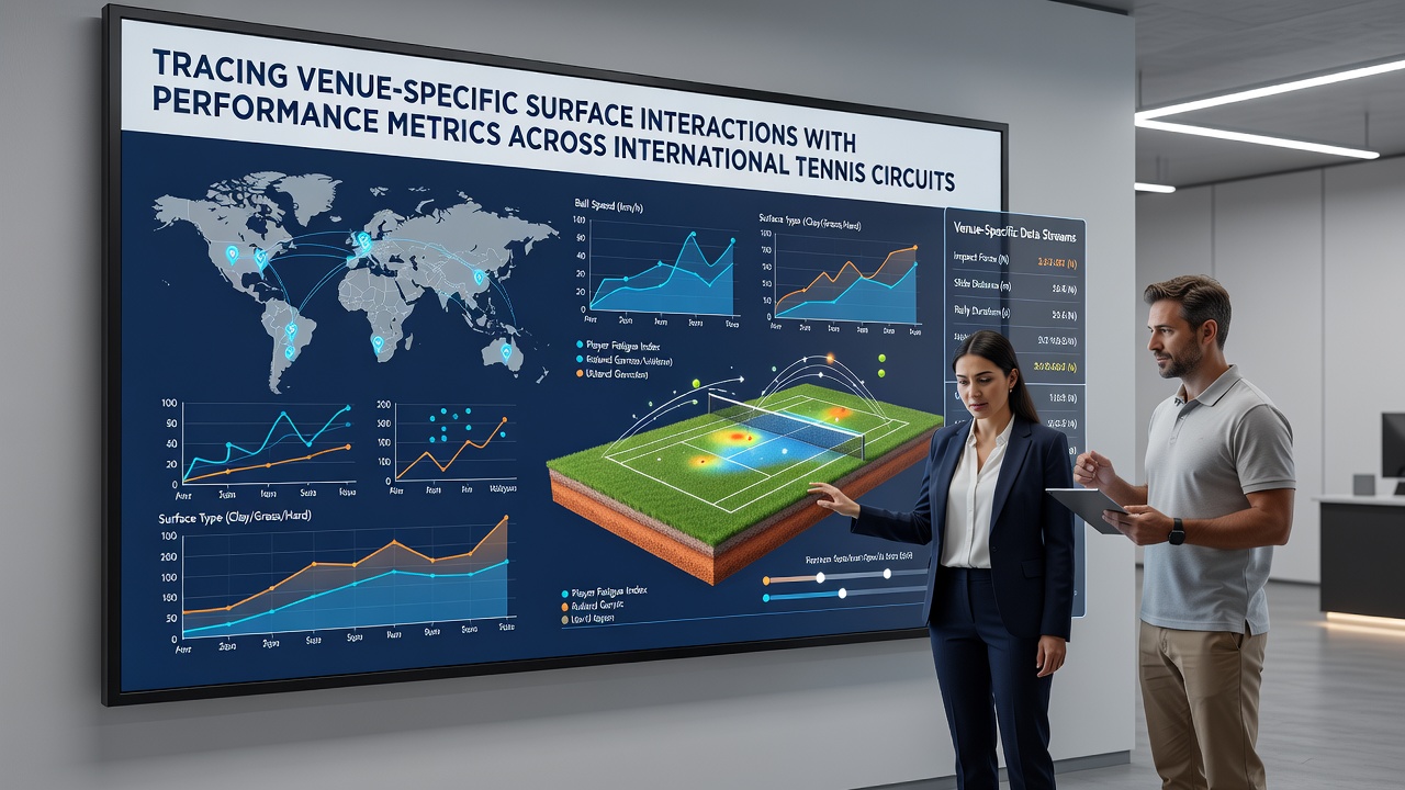 Detailed view of tennis court surface textures alongside performance tracking overlays used in international competitions